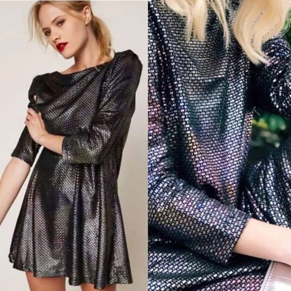 Free People Diamonds Are Forever Dress M Metallic Iridescent Puff Sleeve Mini